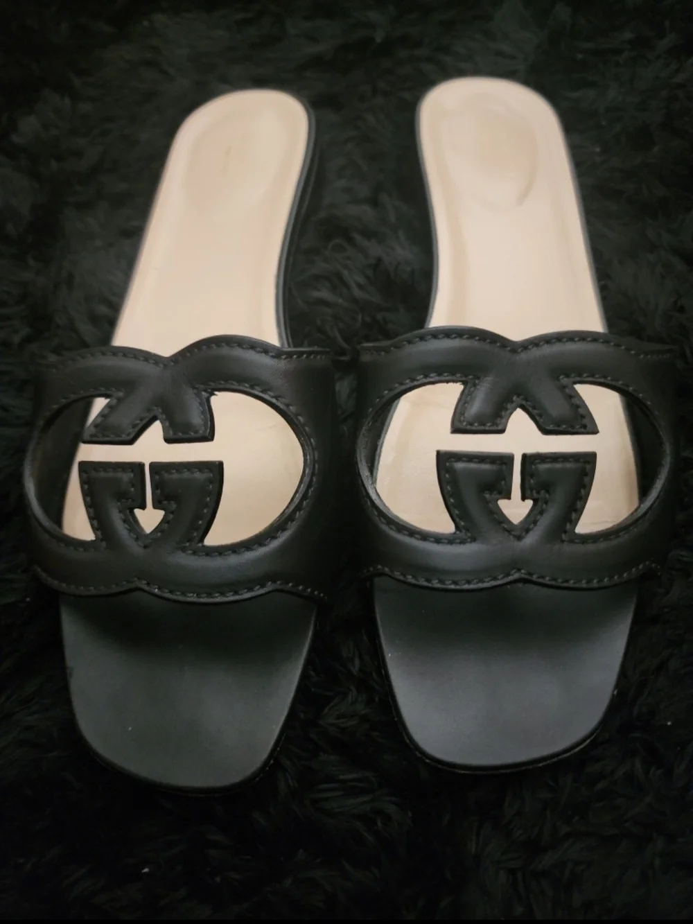 Gucci Black Leather GG Slide Sandals